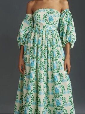 NWT Anthropologie Let Me Be Cream Dress with Blue Floral Print Size XS